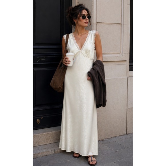 Lucky Brand Dresses & Skirts - Ivory Satin Slip Dress Womens M Lace Trim Midi Minimalist Model Off Duty Chic